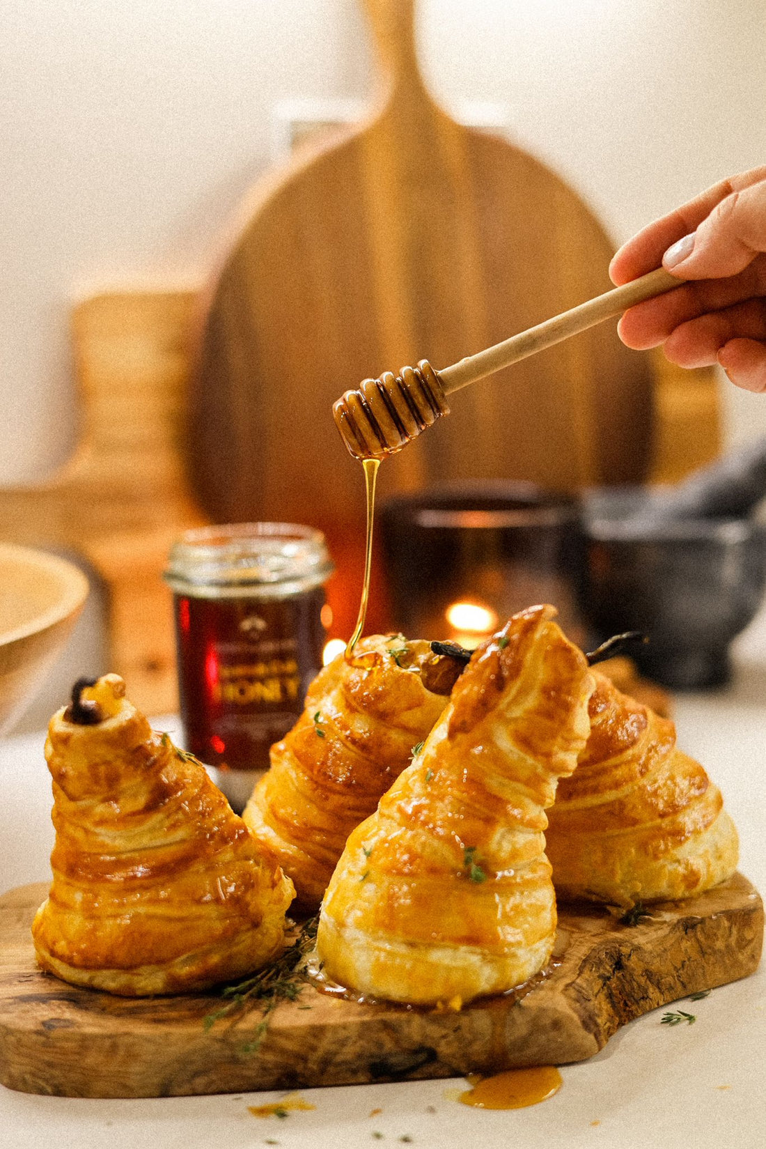 pear in puffs with brie & spanish oak honey